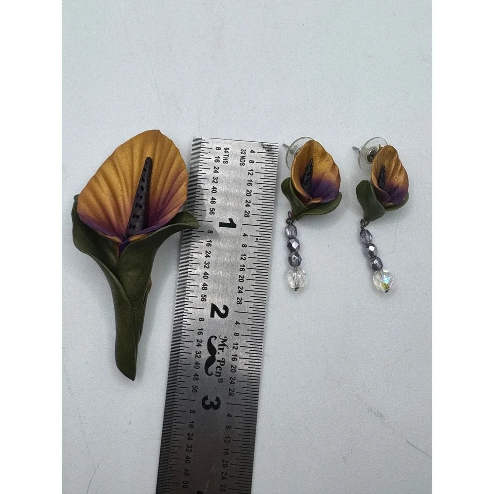 Handcrafted Calla Lily Floral Brooch and Drop Earrings Jewelry Set Purple Gold
